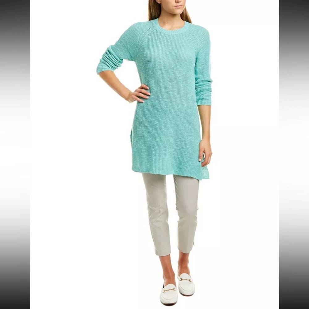 Eileen Fisher Organic Linen Light Blue Open Knit Slub Tunic Sweater Top Sz S